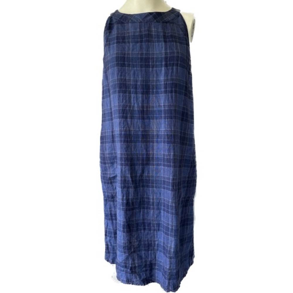 J. Jill Love Linen Women's Navy Blue Plaid Tunic Midi Sleeveless Dress Petite S